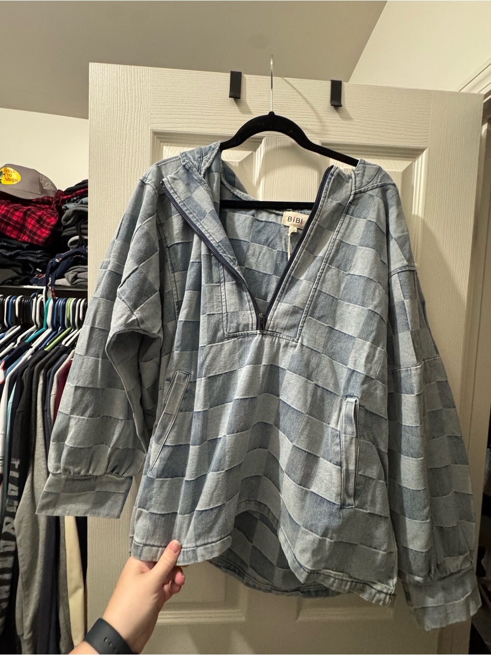 BiBi Light Blue Checked Hooded Denim Pullover